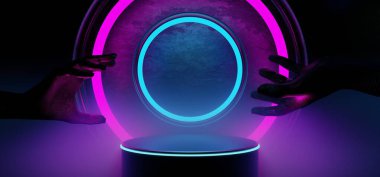 Y2K 2000 'lerin oyun teknolojisinin 3D çizimi fütüristik fantezi metazik siber punk bilim kurgu podyum kaidesi sahne soyut arka planı neon-parıltısı