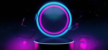 Y2K 2000 'lerin oyun teknolojisinin 3D çizimi fütüristik fantezi metazik siber punk bilim kurgu podyum kaidesi sahne soyut arka planı neon-parıltısı