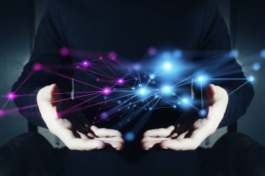 Yüzen hologramı kontrol etmek için ev kullanımı cihaz teknolojisinden iş adamı çalışması, finansal ticaret para işlem sisteminde başarı