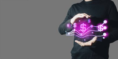 İşadamlarının interaktif eli, ticari ağ veri sisteminin hologramına dokunuyor. Teknoloji kavramı, insan kullanıcısı ile yapay zeka.