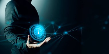 İşadamlarının etkileşimli eli, ticari ağ veri sisteminin hologramına dokunuyor. Teknoloji kavramı, insan kullanıcı uygulaması ile yapay zeka.