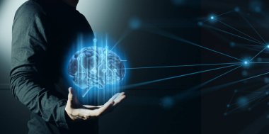 İşadamlarının etkileşimli eli, ticari ağ veri sisteminin hologramına dokunuyor. Teknoloji kavramı, insan kullanıcı uygulaması ile yapay zeka.