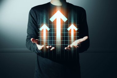 İşadamlarının etkileşimli eli, ticari ağ veri sisteminin hologramına dokunuyor. Teknoloji kavramı, insan kullanıcı uygulaması ile yapay zeka.