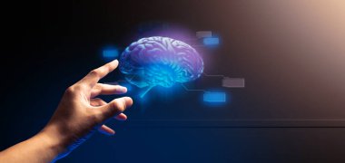 İşadamlarının etkileşimli eli, ticari ağ veri sisteminin hologramına dokunuyor. Teknoloji kavramı, insan kullanıcı uygulaması ile yapay zeka.