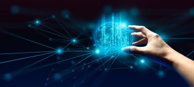 İşadamlarının etkileşimli eli, ticari ağ veri sisteminin hologramına dokunuyor. Teknoloji kavramı, insan kullanıcı uygulaması ile yapay zeka.