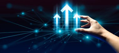 İşadamlarının etkileşimli eli, ticari ağ veri sisteminin hologramına dokunuyor. Teknoloji kavramı, insan kullanıcı uygulaması ile yapay zeka.