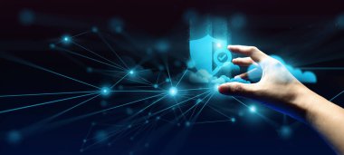 İşadamlarının etkileşimli eli, ticari ağ veri sisteminin hologramına dokunuyor. Teknoloji kavramı, insan kullanıcı uygulaması ile yapay zeka.