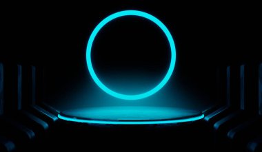 Y2K 2000 'lerin oyun teknolojisinin 3D çizimi fütüristik fantezi metazik siber punk bilim kurgu podyum kaidesi sahne soyut arka planı neon-parıltısı