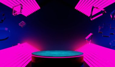 Y2K 2000 'lerin oyun teknolojisinin 3D çizimi fütüristik fantezi metazik siber punk bilim kurgu podyum kaidesi sahne soyut arka planı neon-parıltısı