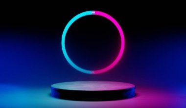 Y2K 2000 'lerin oyun teknolojisinin 3D çizimi fütüristik fantezi metazik siber punk bilim kurgu podyum kaidesi sahne soyut arka planı neon-parıltısı