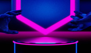 Y2K 2000 'lerin oyun teknolojisinin 3D çizimi fütüristik fantezi metazik siber punk bilim kurgu podyum kaidesi sahne soyut arka planı neon-parıltısı