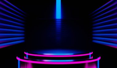 Y2K 2000 'lerin oyun teknolojisinin 3D çizimi fütüristik fantezi metazik siber punk bilim kurgu podyum kaidesi sahne soyut arka planı neon-parıltısı