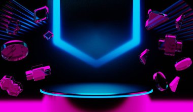 Y2K 2000 'lerin oyun teknolojisinin 3D çizimi fütüristik fantezi metazik siber punk bilim kurgu podyum kaidesi sahne soyut arka planı neon-parıltısı