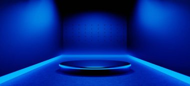 Y2K 2000 'lerin oyun teknolojisinin 3D çizimi fütüristik fantezi metazik siber punk bilim kurgu podyum kaidesi sahne soyut arka planı neon-parıltısı