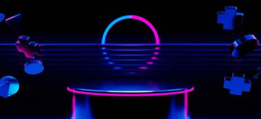 Y2K 2000 'lerin oyun teknolojisinin 3D çizimi fütüristik fantezi metazik siber punk bilim kurgu podyum kaidesi sahne soyut arka planı neon-parıltısı