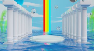 Retro-gelecekteki y2k 2000 'ler meyveli su web 2.0 parlatıcısı ürün gösterimi için sahne podyumu, soyut arkaplan, teknoloji ve doğa kavramını gösteren 3D illüstrasyon