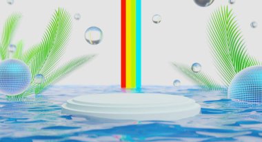 Retro-gelecekteki y2k 2000 'ler meyveli su web 2.0 parlaklığı sahne podyumu ürün gösterimi için, 3d illüstrasyon soyut arkaplan, teknoloji ve doğa çevre konsepti