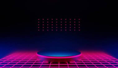 Y2K 2000 'lerin oyun teknolojisinin 3D çizimi fütüristik fantezi metazik siber punk bilim kurgu podyum kaidesi sahne soyut arka planı neon-parıltısı