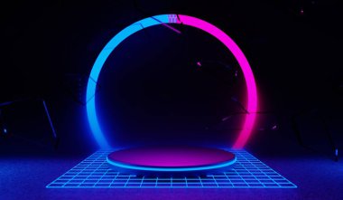 Y2K 2000 'lerin oyun teknolojisinin 3D çizimi fütüristik fantezi metazik siber punk bilim kurgu podyum kaidesi sahne soyut arka planı neon-parıltısı