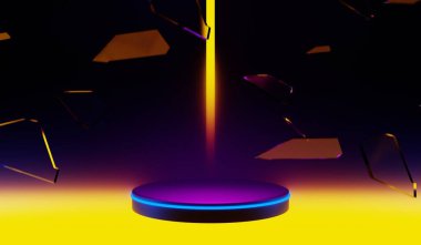 Y2K 2000 'lerin oyun teknolojisinin 3D çizimi fütüristik fantezi metazik siber punk bilim kurgu podyum kaidesi sahne soyut arka planı neon-parıltısı