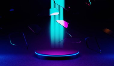 Y2K 2000 'lerin oyun teknolojisinin 3D çizimi fütüristik fantezi metazik siber punk bilim kurgu podyum kaidesi sahne soyut arka planı neon-parıltısı