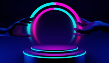 Y2K 2000 'lerin oyun teknolojisinin 3D çizimi fütüristik fantezi metazik siber punk bilim kurgu podyum kaidesi sahne soyut arka planı neon-parıltısı