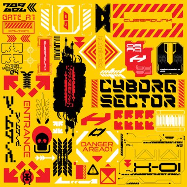 y2k cyberpunk sci-fi gaming futuristic icon HUD for ux ui set collection template, 2d illustration rendering vector element, sticker for poster banner and decals 