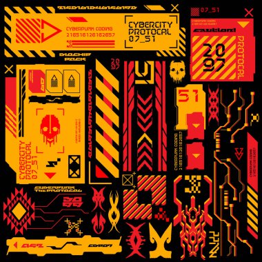 y2k cyberpunk sci-fi gaming futuristic icon HUD for ux ui set collection template, 2d illustration rendering vector element, sticker for poster banner and decals 