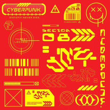 cyberpunk scifi gaming futuristic icon pattern seamless set collection template, 2d illustration rendering vector