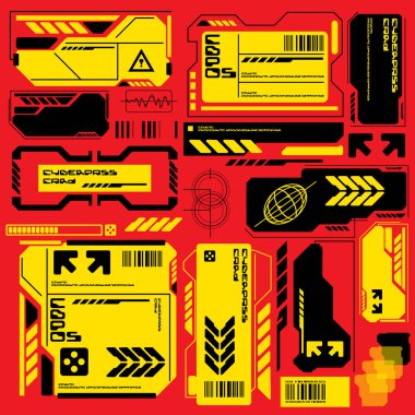 cyberpunk scifi gaming futuristic icon pattern seamless set collection template, 2d illustration rendering vector