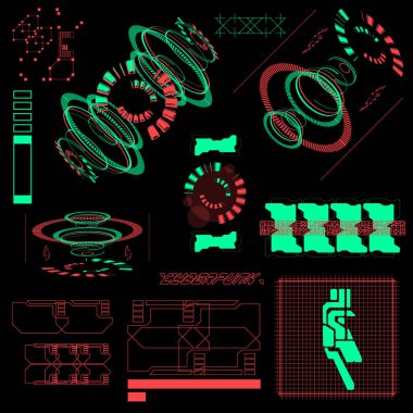 Siberpunk bilimkurgu oyun fütüristik ikon deseni HUD ux ui koleksiyon şablonu, 2d illüstrasyon oluşturma vektör elementi