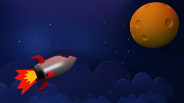 3 boyutlu çizgi film tarzı küçük uzay gemisi oyuncak roketi. Roket fırlatıldı. Boşluk. Yeni konsept. Soyut model. 3d illüstrasyon.
