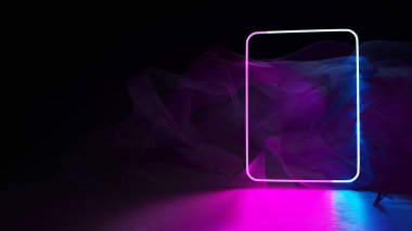 3D, mavi neon kare kare duman arka plan ultraviyole ışık 80 'lerin modası sahne soyut arkaplanda. 3B illüstrasyon