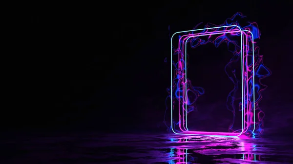 3D, blue pink neon square frame smog background space background ultraviolet light 80's retro style fashion show on stage Abstract background. 3D illustration
