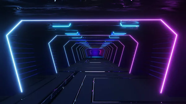Neon Cyber ??Lab Tunnel Red Blue Lights Sci Fi Futuristic Cement Concrete Corridor Spaceship Showroom Studio Garage Hallway Triangle 3D Illustration
