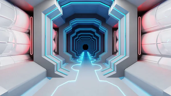 Neon Cyber ??Lab Tunnel Red Blue Lights Sci Fi Futuristic White Cement Concrete Corridor Spaceship Showroom Studio Garage Hallway Triangle 3D Illustration