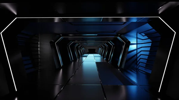 Neon Cyber ??Lab Tunnel Red Blue Lights Sci Fi Futuristic Cement Concrete Corridor Spaceship Showroom Studio Garage Hallway Triangle 3D Illustration