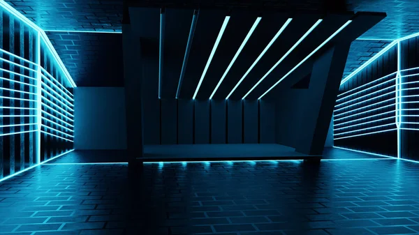 Neon Glow Underground Lights Sci Fi Futuristic Metal Concrete Realistic Tunnel Corridor Hallway Showroom Warehouse Studio Garage 3D Illustration