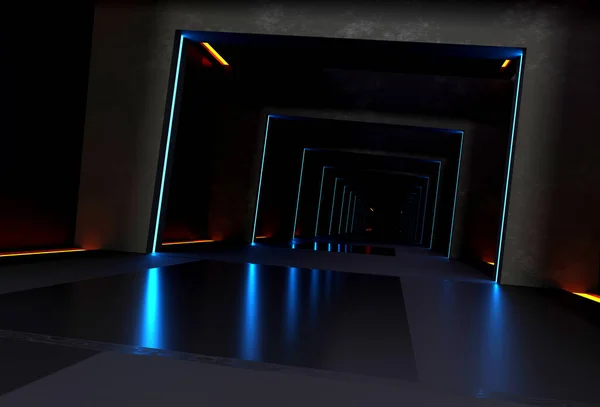 Renderizza Sfondo Fantascientifico Tunnel Corridoio Murale Cemento Con Lampadine Neon — Foto Stock