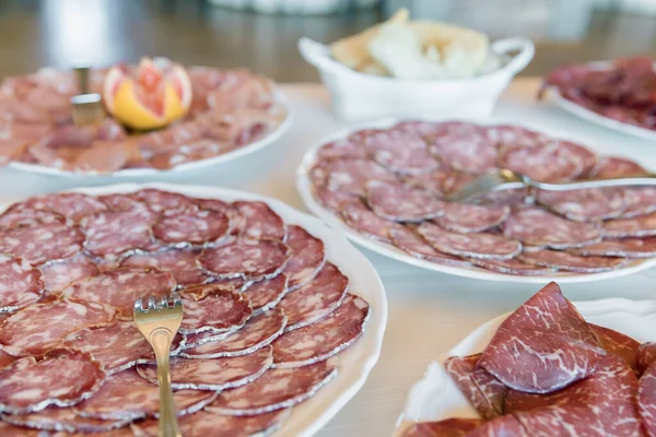 Cured Meat Plates Ready Served Event Party Appetizer — Stock Photo, Image