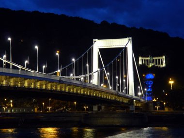 Budapeşte (Macaristan). Tuna Nehri üzerindeki Elisabeth Köprüsü 'nün gece manzarası.