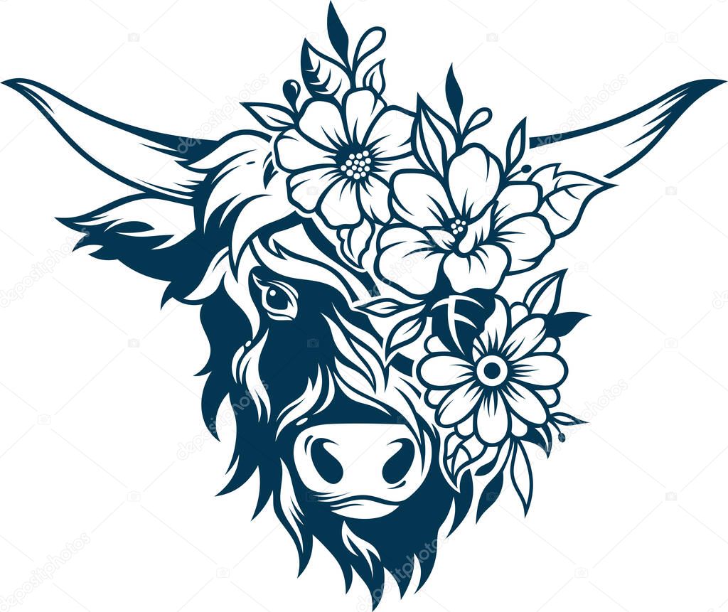 Aesthetic Floral Bison Silhouette Graphic Clip Art