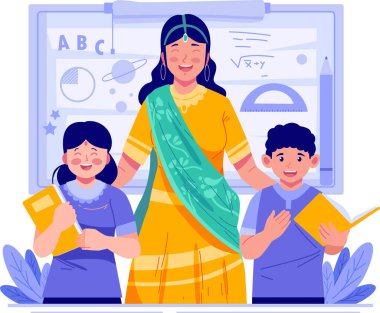 Tahtanın önünde iki çocuklu bir kadın öğretmen.