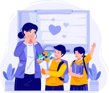 Bir kadın ve iki çocuk pencerenin önünde duruyorlar.