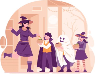 Bir kadın ve iki çocuk cadı gibi giyinmiş.