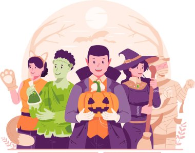 Cadılar Bayramı kostümü giymiş bir grup insan.