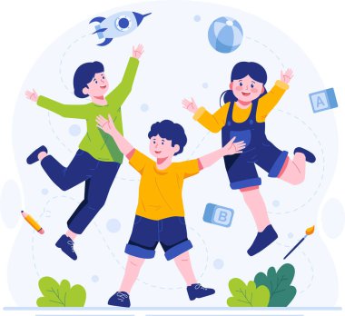 Eller havada zıplayan mutlu çocuklar. Mutluluk, mutluluk ve eğlence. Çocuk Günü konsepti çizimi