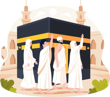 Hacca kadar umreden yararlanmak. Müslümanlar Tawaf yapar ya da Mekke 'de Kabe' de dolaşır. Düz biçimli vektör illüstrasyonu