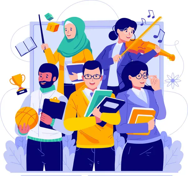 Müzik aletleri ve kitapları olan bir grup insan.