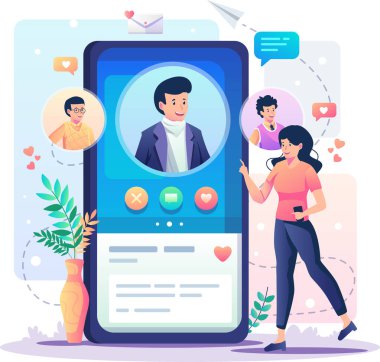 Çevrimiçi randevulaşma ve sosyal ağ kurma, bir kızla sanal ilişki konsepti bir online randevu uygulamasında partner aramaktır. Romantik bir ilişki arıyorum. Düz biçim vektör illüstrasyonu